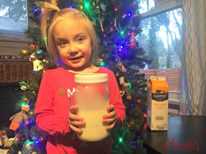 Quincy makes whipping cream in a jar.
