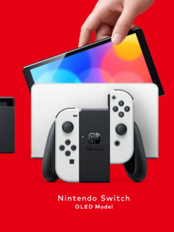 three different Nintendo Switch consoles on a red background