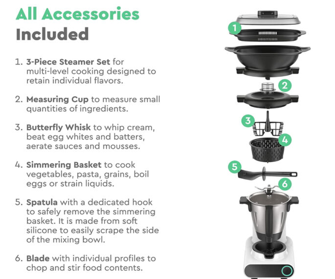 graphic of accessories that come with multo cooking pal